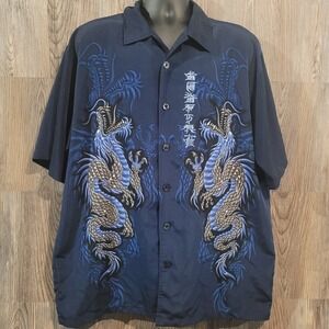 ODO Asian Dragon Shirt XL Navy Blue Embroidered Chinese Y2K Streetwear Skater